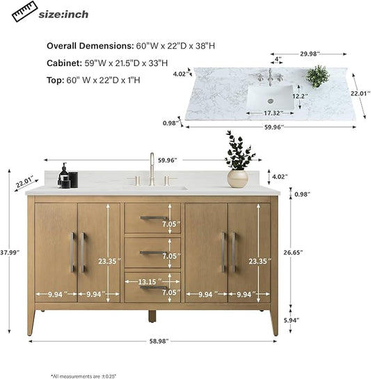 HomeBeyond 60 Inch Bathroom Vanity with Sink & Ceramic Top, Single Vanity Cabinet with Basin, Soft-Closing Doors & Matte Black Hardware, Natural Oak