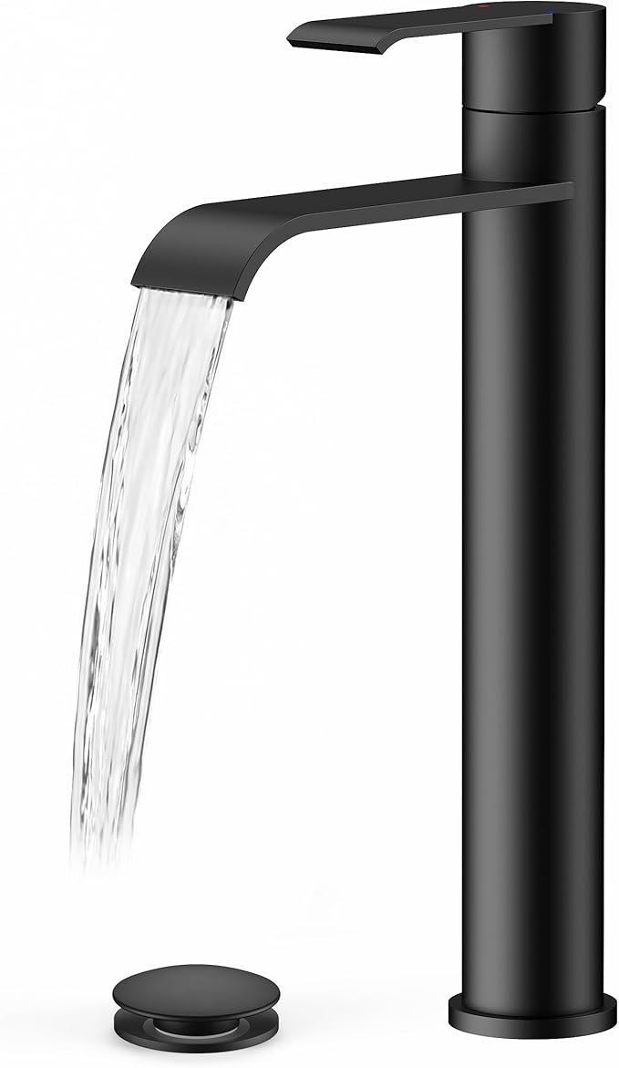 FORIOUS Black Bathroom Vessel Sink Faucet One Hole with Pop up Drain and 24 Inch CUPC Supply Hose, Waterfall Single Handle Matte Black Bathroom Faucet 1 Hole RV, Tall Basin Sink Tap