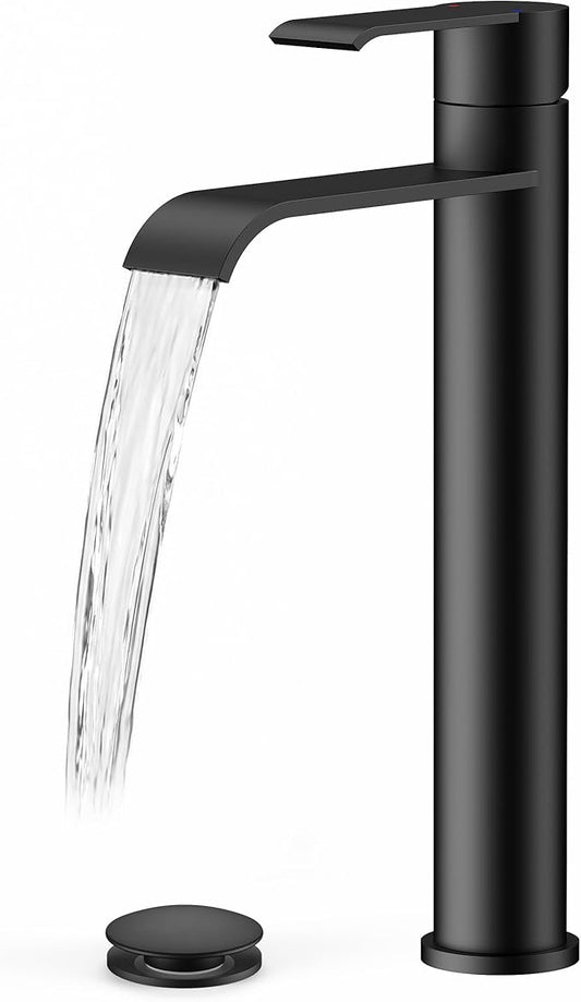 FORIOUS Black Bathroom Vessel Sink Faucet One Hole with Pop up Drain and 24 Inch CUPC Supply Hose, Waterfall Single Handle Matte Black Bathroom Faucet 1 Hole RV, Tall Basin Sink Tap