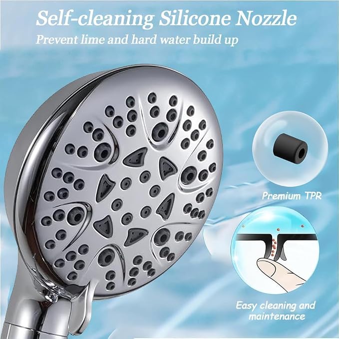 High Pressure 8-Mode Shower Head, Handheld Showerhead With 60" Hose And Adjustable Bracket, Anti-Clog Nozzles, Chrome, Silver