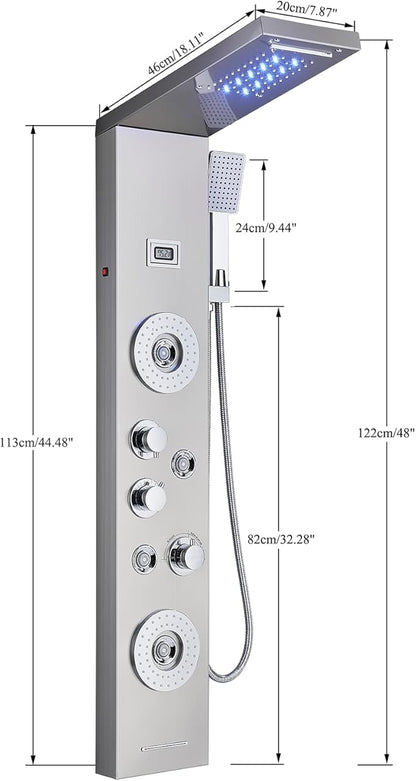 AlenArt Shower Panel LED Shower Tower System with Rainfall Waterfall Shower Head, 4 Body Massage Jets,Hand Shower Sprayer and Tub Spout Stainless Steel, Brushed Nickel