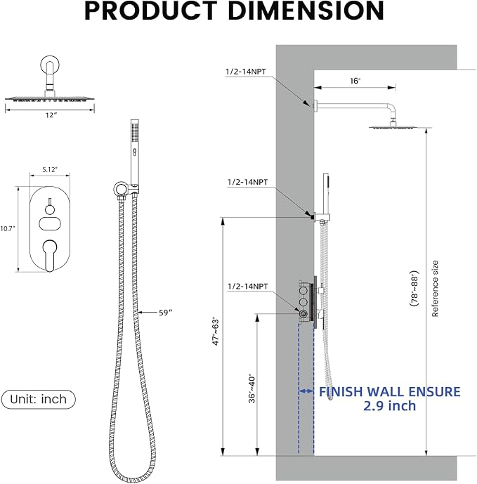 Longriver Round Shower Faucet Set with Hydro Power Temperature Display | Shower System 12" Shower Head with Handheld Spray, Wall Mounted Shower Fixtures with Shower Valve and Trim Kit, Matte Black