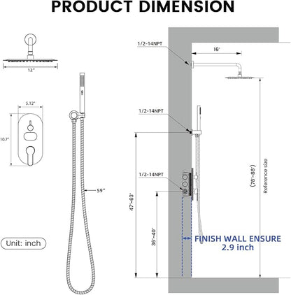 Longriver Round Shower Faucet Set with Hydro Power Temperature Display | Shower System 12" Shower Head with Handheld Spray, Wall Mounted Shower Fixtures with Shower Valve and Trim Kit, Matte Black