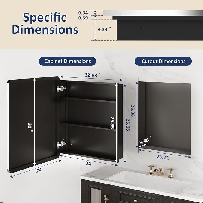 Medicine Cabinet Mirror 24x30 Inch, Chrome Bathroom Mirror Cabinet with Stepless Adjustable Shelves, Stainless Steel Frame, Bathroom Mirror with Storage Recessed or Wall Mount