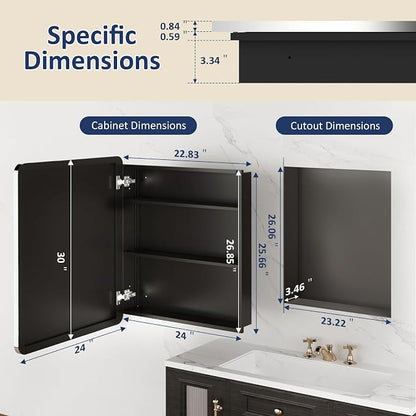 Medicine Cabinet Mirror 24x30 Inch, Chrome Bathroom Mirror Cabinet with Stepless Adjustable Shelves, Stainless Steel Frame, Bathroom Mirror with Storage Recessed or Wall Mount