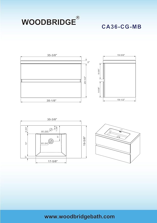 WOODBRIDGE 36 in. W x 19 in. D Wall Mounted Floating Bathroom Vanity in Gray with Quartz Sand Composite Vanity Top in Matte Black