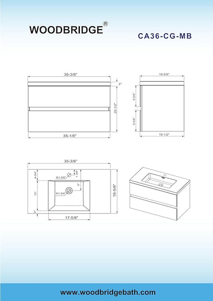 WOODBRIDGE 36 in. W x 19 in. D Wall Mounted Floating Bathroom Vanity in Gray with Quartz Sand Composite Vanity Top in Matte Black