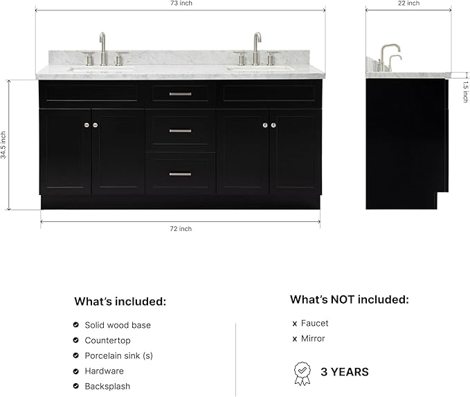 DKB Bradford 72 Inch Bathroom Vanity Double Sink — Black Bathroom Vanity with Sink, 1.5" Edge Italian Carrara Marble Countertop & Backsplash, 4 Soft-Close Doors, and 3 Dovetail Drawers