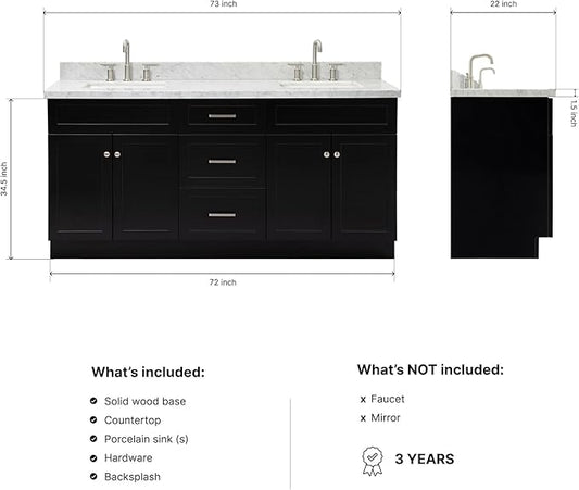DKB Bradford 72 Inch Bathroom Vanity Double Sink — Black Bathroom Vanity with Sink, 1.5" Edge Italian Carrara Marble Countertop & Backsplash, 4 Soft-Close Doors, and 3 Dovetail Drawers