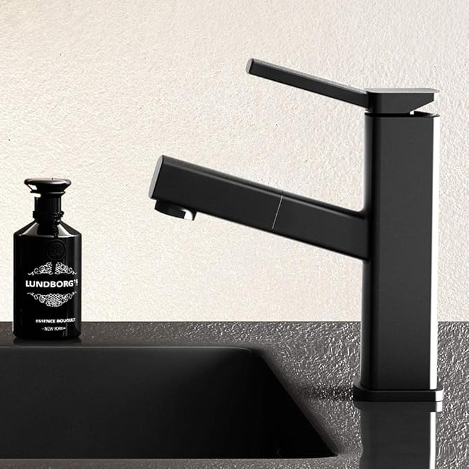 KAIYING Bathroom Sink Faucet with Pull Out Sprayer, Single Handle Basin Mixer Tap for Hot and Cold Water, Lavatory Pull Down Sink Faucet with Rotating Spout (Regular, Black)