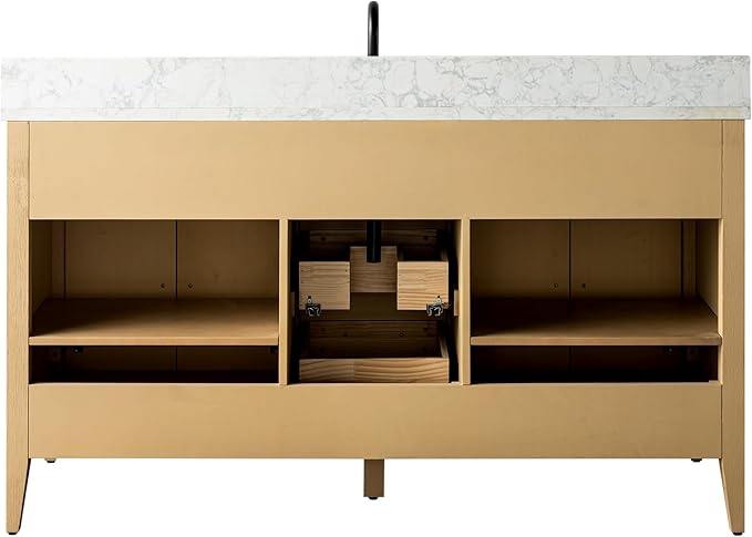 HomeBeyond 60 Inch Bathroom Vanity with Sink & Ceramic Top, Single Vanity Cabinet with Basin, Soft-Closing Doors & Matte Black Hardware, Natural Oak