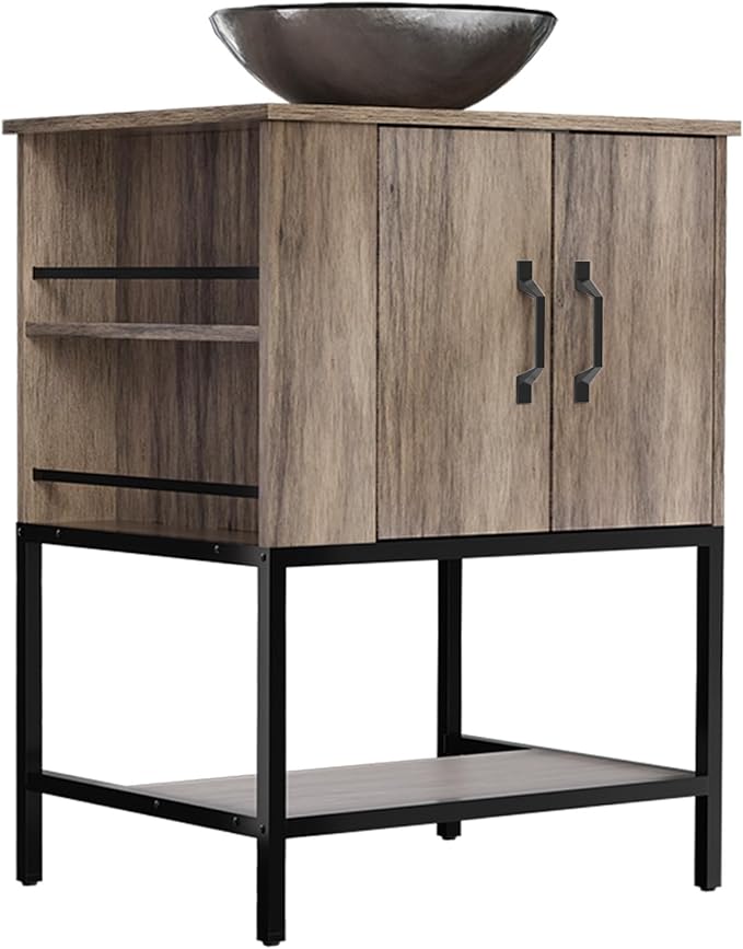 VNN Small Bathroom Vanity with Sink - 24 Inch Vanity with Sink, Freestanding Cabinet with Open Shelf, Modern Iron Wood Bathroom Cabinet with Countertop Tempered Glass Vessel, Grey