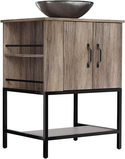 VNN Small Bathroom Vanity with Sink - 24 Inch Vanity with Sink, Freestanding Cabinet with Open Shelf, Modern Iron Wood Bathroom Cabinet with Countertop Tempered Glass Vessel, Grey