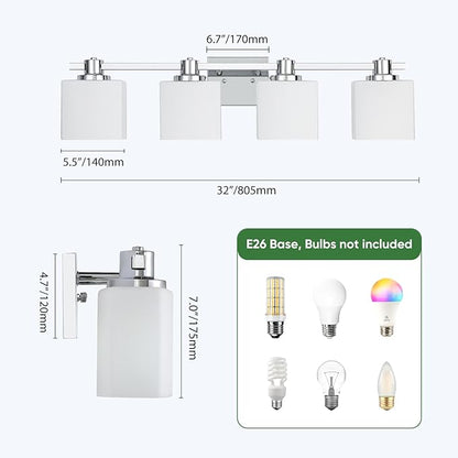 32 Inch Chrome Bathroom Light Fixtures Over Mirror 4 Light Bathroom Vanity Light Silver Modern Industrial Makeup Lighting Wall Sconce Shower Farmhouse Rustic Milk Glass Lamp Above Desk Sink