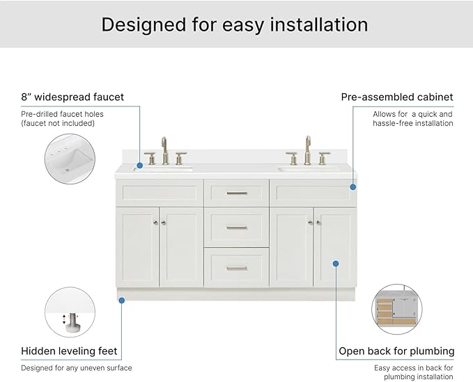 ARIEL Hamlet 66-inch Bathroom Vanity with Sink,Solid Wood, 1.5-inch Pure White Quartz Countertop & Backsplash, Double Rectangular Porcelain Sink, 4 Soft Closing Doors, 3 Dovetail Drawers, White