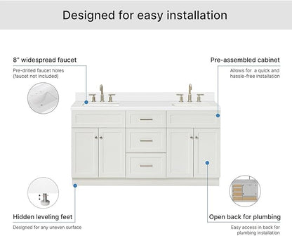 ARIEL Hamlet 66-inch Bathroom Vanity with Sink,Solid Wood, 1.5-inch Pure White Quartz Countertop & Backsplash, Double Rectangular Porcelain Sink, 4 Soft Closing Doors, 3 Dovetail Drawers, White