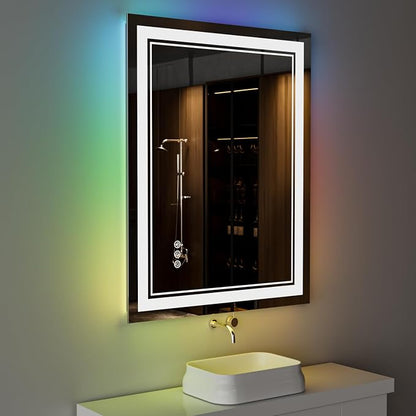 24x36 Inch RGB LED Bathroom Mirror with Lights | Front and RGB Backlit, Dimmable, Memory, Anti Fog, Shatterproof, Horizontal/Vertical, Lighted Mirrors for Bathroom Wall
