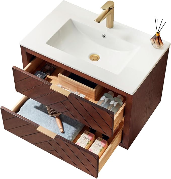 30 in. Wall Mounted Bathroom Vanity with Sink, Fully Assembled Floating Vanity with Double Drawers, Brown Walnut Finish