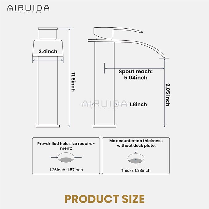 Airuida Vessel Sink Faucet, Black&Gold Tall Waterfall Bathroom Faucet | Single Handle,Tall Bathroom Faucet 1 Hole,Vanity Faucet,without Drain,Bowl Bathroom Faucet