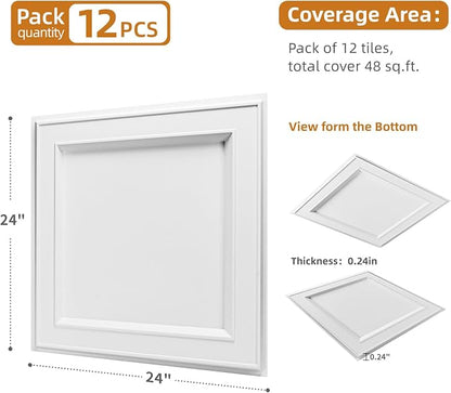 WOWSTAR 12-Pack 24"x24" Drop Ceiling Tiles, Waterproof Glue up Ceiling Panels, Modern Style 3D Wall Panels, White | PVC ceiling panels, 24"x24", waterproof, glue-up install, basement kitchen bathroom, 12-pack, set D