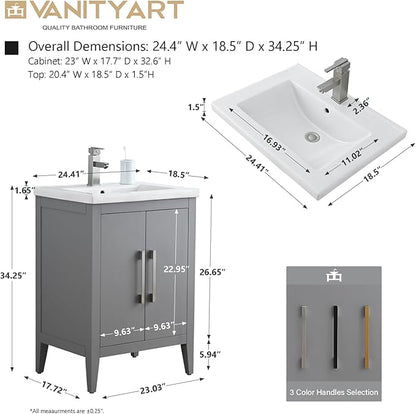 Vanity Art 24 inch Bathroom Vanity with Single Sink & Ceramic Top, Vanity Cabinet with Soft-Closing Doors, Solid Wood Frame, Cashmere Gray, VA9024-G-MB1