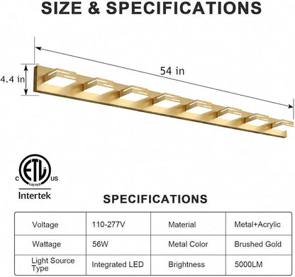 LED Modern Bathroom Vanity Light Fixtures, Dimmable Gold Vanity Lights for Bathroom Lighting Fixtures Over Mirror, with 360° Rotatable Heads 8-Light 54-inch (Cool White 6000K)