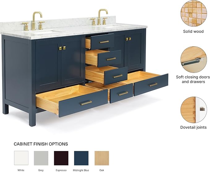 ARIEL Cambridge 72-inch Bathroom Vanity with Sink,Solid Wood, 0.75-inch Italian Carrara Marble Countertop, Double Rectangular Porcelain Sink, 4 Soft Closing Doors, 6 Dovetail Drawers, Midnight Blue
