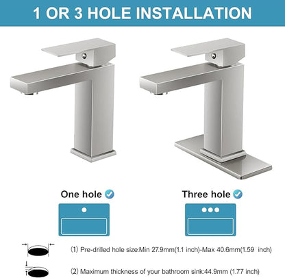 Bathroom Sink Faucet Single Hole Brushed Nickel Single Handle Faucet with Pop-up Drain and Deck for 1 Hole or 3 Hole Bathroom Sink Vanity