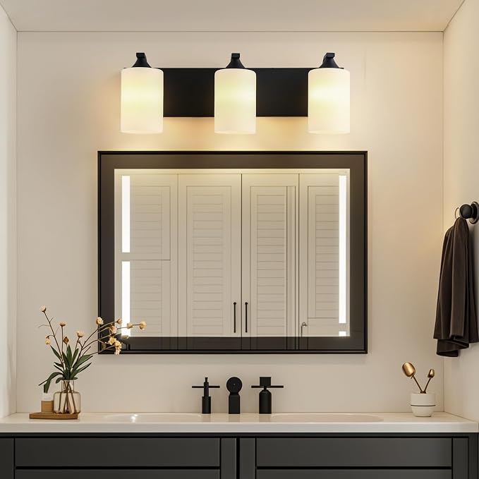 Bathroom Vanity Light Fixtures,3-Light Matte Black Bathroom Lighting Fixtures Over Mirror with Milk White Glass Shades Modern Farmhouse Vanity Lights Wall Sconces