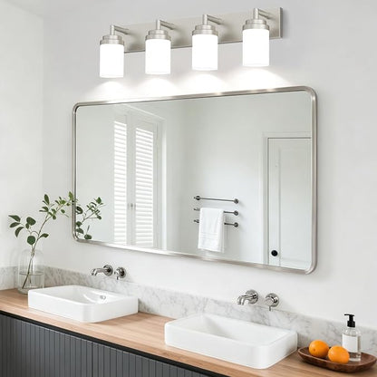 Bathroom Light Fixtures, Brushed Nickel Bathroom Lighting Fixtures Over Mirror, Modern Vanity Light with White Glass Shade, Restroom Lighting Fixtures, 4-Light 30-inch