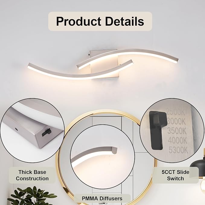23.62 inch Modern Bathroom Vanity Light Brushed Nickel Lights Fixtures Dimmable 5CCT Led Bathroom Light Fixture Over Mirror Modern Wall lamp for Cabinet Hallway
