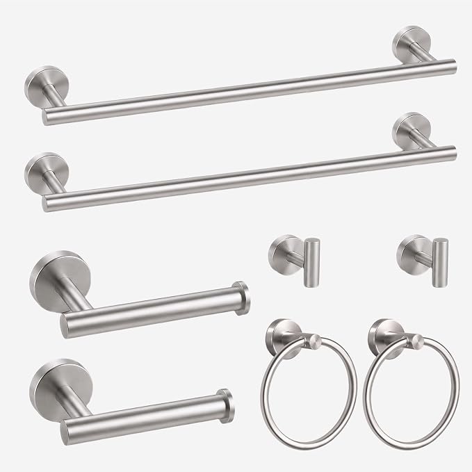 8 Pieces Bathroom Hardware Set, SUS304 Stainless Steel 24 Inch Bath Towel Bar Set, Round Bathroom Accessories Kit Wall Mounted Towel Holder (Brushed Nickel)