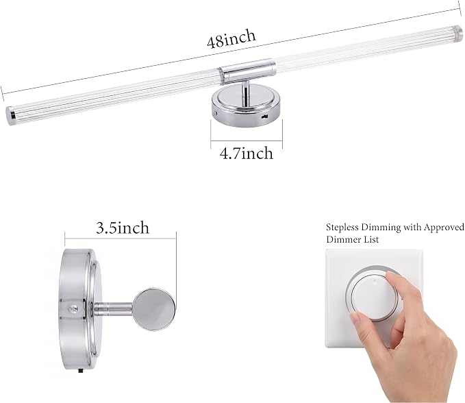 URSOLA 48" Modern LED Bathroom Light Fixtures, Chrome 3CCT Dimmable Bathroom Vanity Light Over Mirror, Bathroom Vanity Bath Bar Lights with 360° Removable Acrylic Light Tube