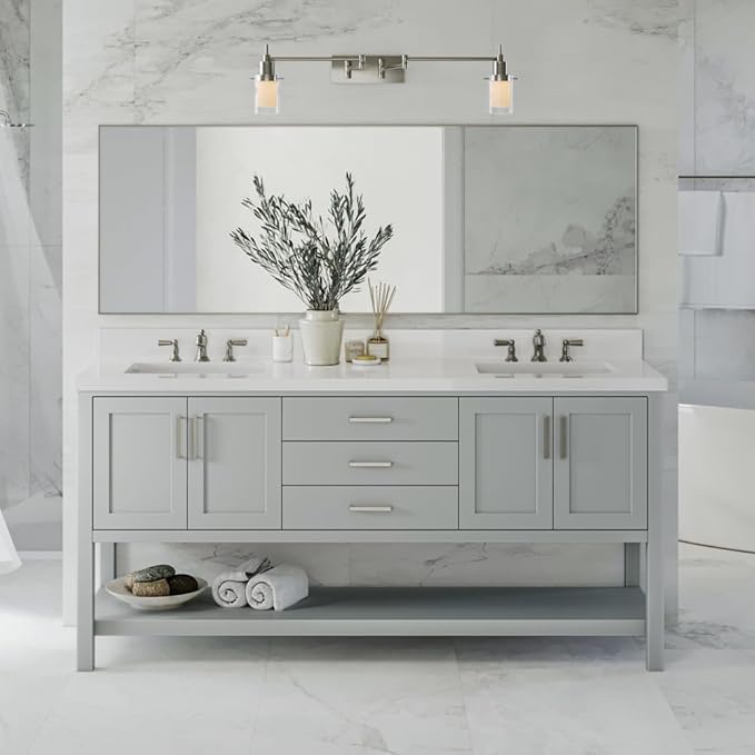 ARIEL Hutton 72-inch Bathroom Vanity with Sink,Solid Wood, 1.5-inch Pure White Quartz Countertop & Backsplash, Double Rectangular Porcelain Sink, 4 Soft Closing Doors, 3 Dovetail Drawers, Grey