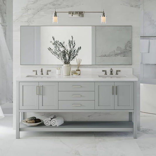 ARIEL Hutton 72-inch Bathroom Vanity with Sink,Solid Wood, 1.5-inch Pure White Quartz Countertop & Backsplash, Double Rectangular Porcelain Sink, 4 Soft Closing Doors, 3 Dovetail Drawers, Grey