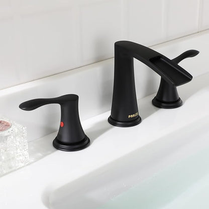PARLOS Waterfall Widespread Bathroom Faucet Two Handles with Metal Pop Up Drain & cUPC Faucet Supply Lines, Matte Black, Demeter 1431804