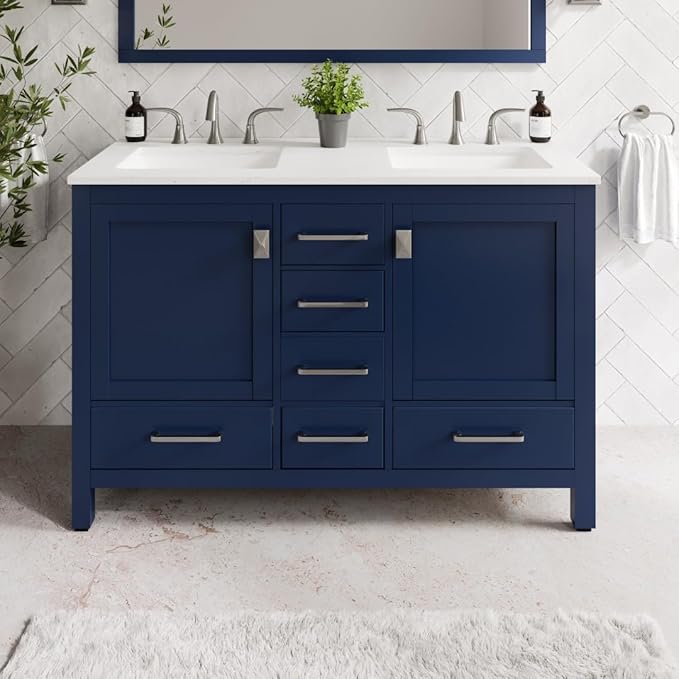 Eviva Aberdeen 48 Inch Bath Vanity with Sink Blue Bathroom Vanity with Carrara Quartz Top Freestanding Double Sink Bath vanities with Spacious Storage -Bathroom Sink Cabinet and top Combo