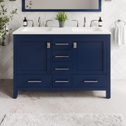 Eviva Aberdeen 48 Inch Bath Vanity with Sink Blue Bathroom Vanity with Carrara Quartz Top Freestanding Double Sink Bath vanities with Spacious Storage -Bathroom Sink Cabinet and top Combo