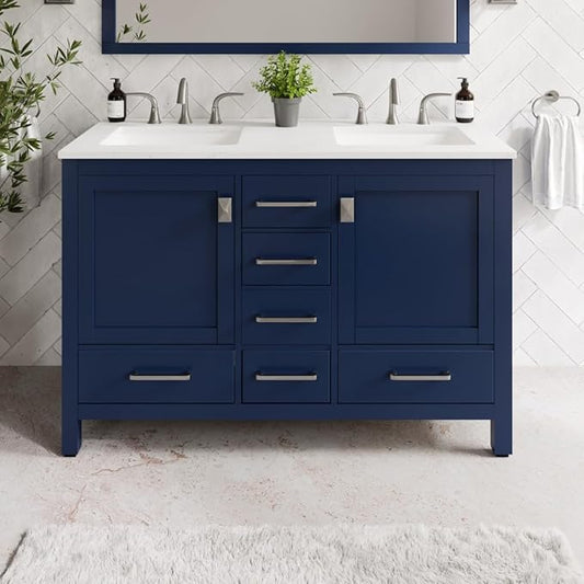 Eviva Aberdeen 48 Inch Bath Vanity with Sink Blue Bathroom Vanity with Carrara Quartz Top Freestanding Double Sink Bath vanities with Spacious Storage -Bathroom Sink Cabinet and top Combo