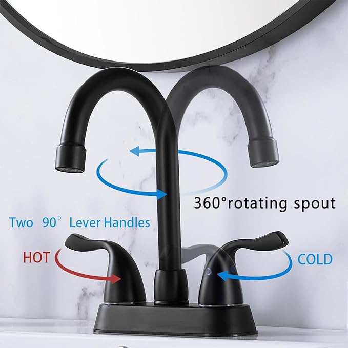 Matte Black 4-Inch Centerset Bathroom Faucet, 2-Handle 3-Hole Sink Faucet with Pop-up Drain & Supply Lines