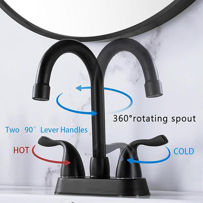 Matte Black 4-Inch Centerset Bathroom Faucet, 2-Handle 3-Hole Sink Faucet with Pop-up Drain & Supply Lines