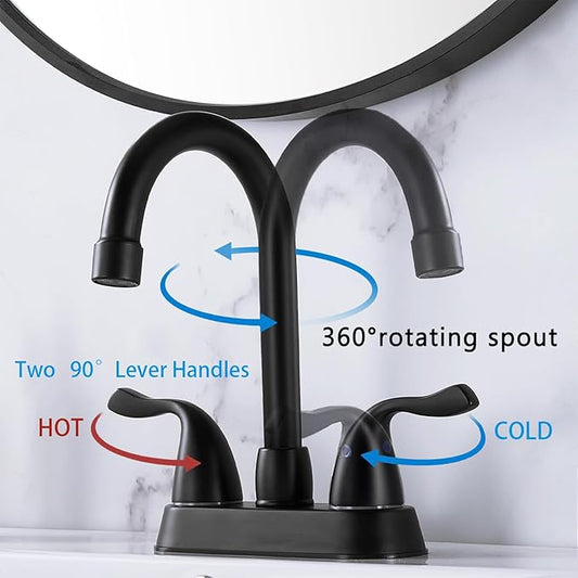 Matte Black 4-Inch Centerset Bathroom Faucet, 2-Handle 3-Hole Sink Faucet with Pop-up Drain & Supply Lines