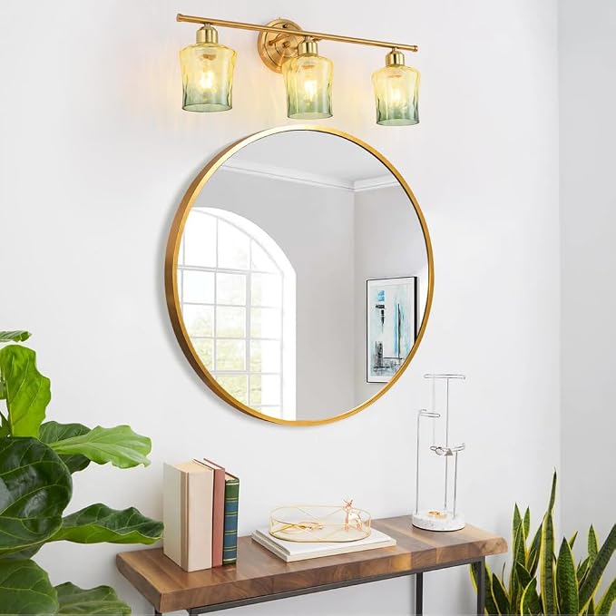 Modern 3-Light Glass Bathroom Light Over Mirror, Gold Vanity Light with Yellow Green Gradient Glass Shade, E26 Bathroom Vanity Light, for Kitchen, Hallway, Cabinet, Bedroom, Living Room