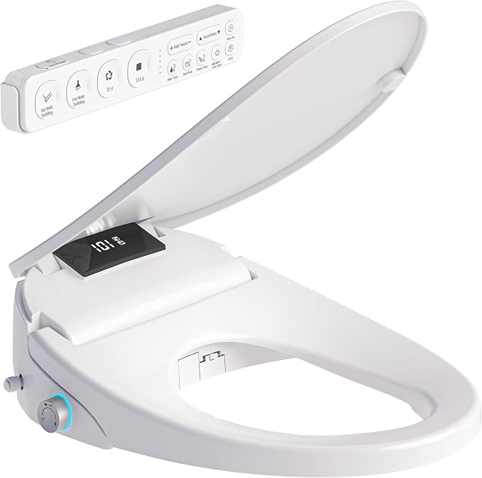 Electric Heated Bidet Toilet Seat with Remote, Round, X60R | Instant Warm Water, Heated Seat, Warm Air Drying, Slow Close Lid, LED Display, Nightlight