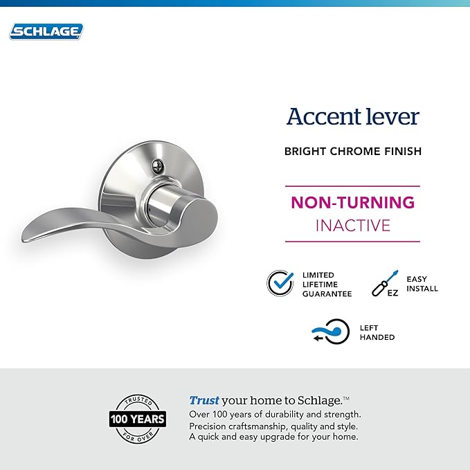 SCHLAGE F170 Acc 625 LH Accent Dummy Lever, Bright Chrome