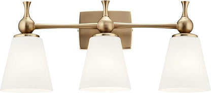 Kichler Cosabella 3 Light in Champagne Bronze with Satin Etched Cased Opal Glass Shades for Bathrooms and Powder Rooms, 24" W x 10.25" H, 55092CPZ