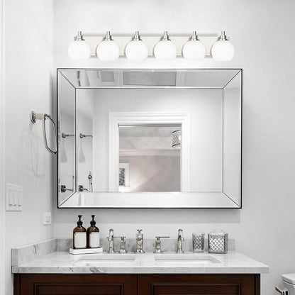 IZORRO Bathroom Light Fixtures, 6-Light Brushed Nickel Vanity Light, Modern Wall Sconces with Globe Milk White Glass Shade, Vanity Lighting Fixtures Over Mirror,E26 Bulb Socket