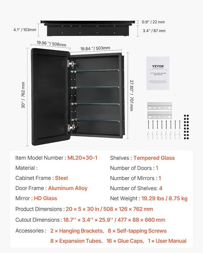 VEVOR Medicine Cabinet, 20 x 30 inch, Medicine Cabinet for Bathroom with Mirror, Aluminum Frame Bathroom Wall Cabinet, 4-Layer Adjustable Shelves, Recessed & Wall-Mounted Installation