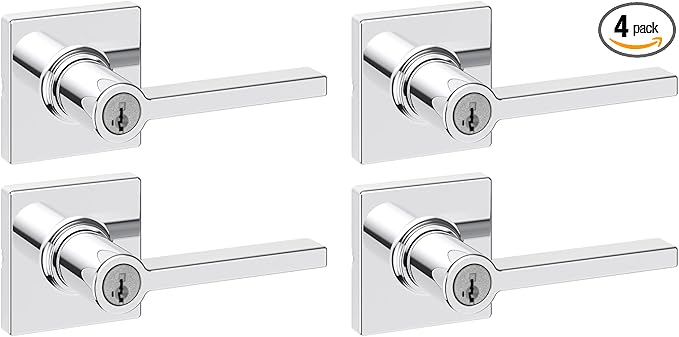 Kwikset Casey Entry Door Handle with Lock and Key, Secure Keyed Reversible Lever Exterior, for Front Entrance and Bedrooms, Polished Chrome, 4 Pack, Pick Resistant SmartKey Rekey Security