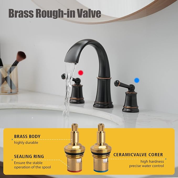 BESy Widespread 8 inch Oil Rubbed Bronze Bathroom Faucet, Two Handles 3 Holes Sink Faucet Waterfall Spout Lavatory Basin Faucets, Vanity Bathroom Sink Faucet with Supply cUPC Lines